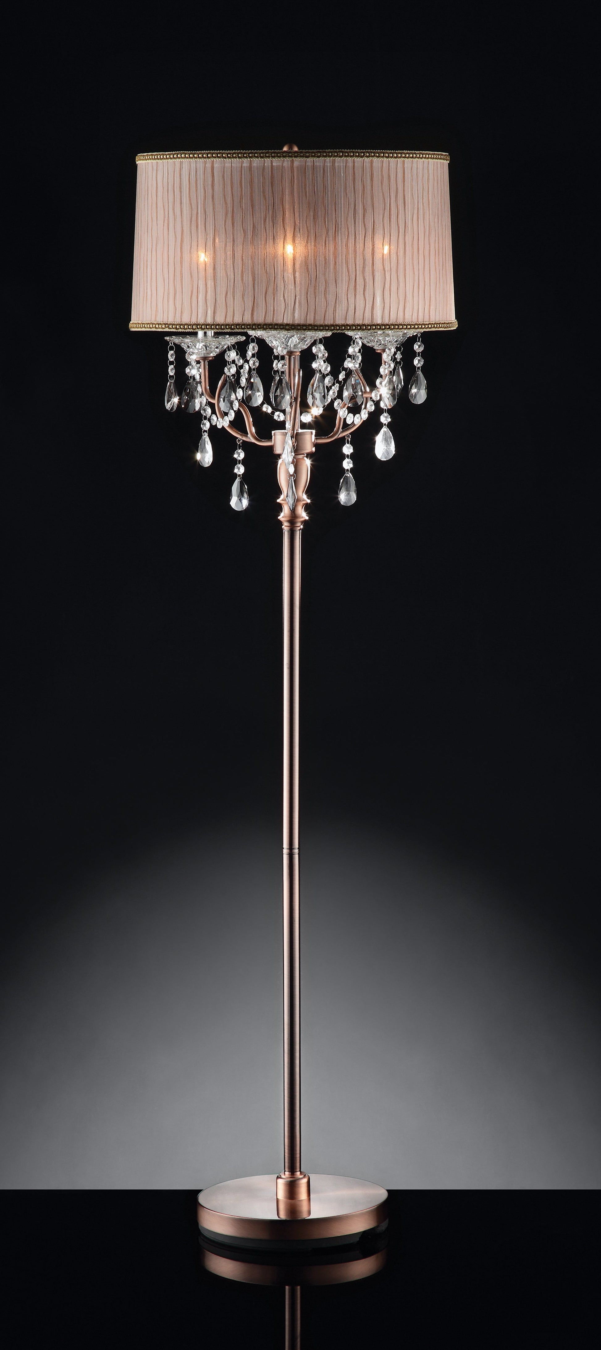 Ore International 62"H Rosie Rose Copper 3-Light Candelabra Crystal Floor Lamp