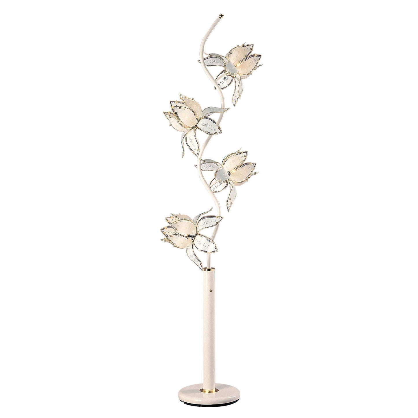 Ore International 73"H 4-Light Smoke Floral Etch Glass Tree Garden White Metal Floor Lamp