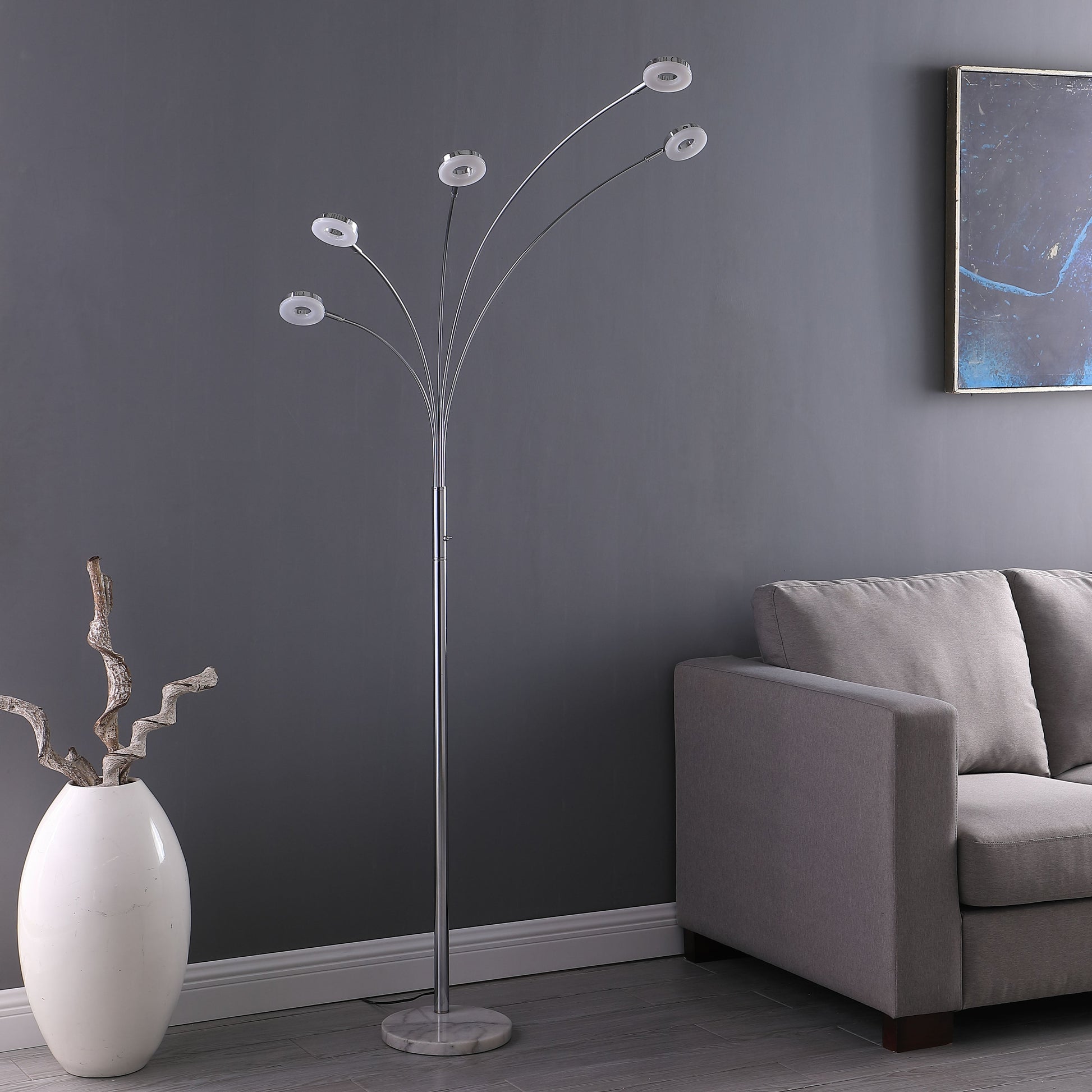 Ore International 80"H Avery 5-Arm Aluminum Chrome LED Semi Arc Floor Lamp