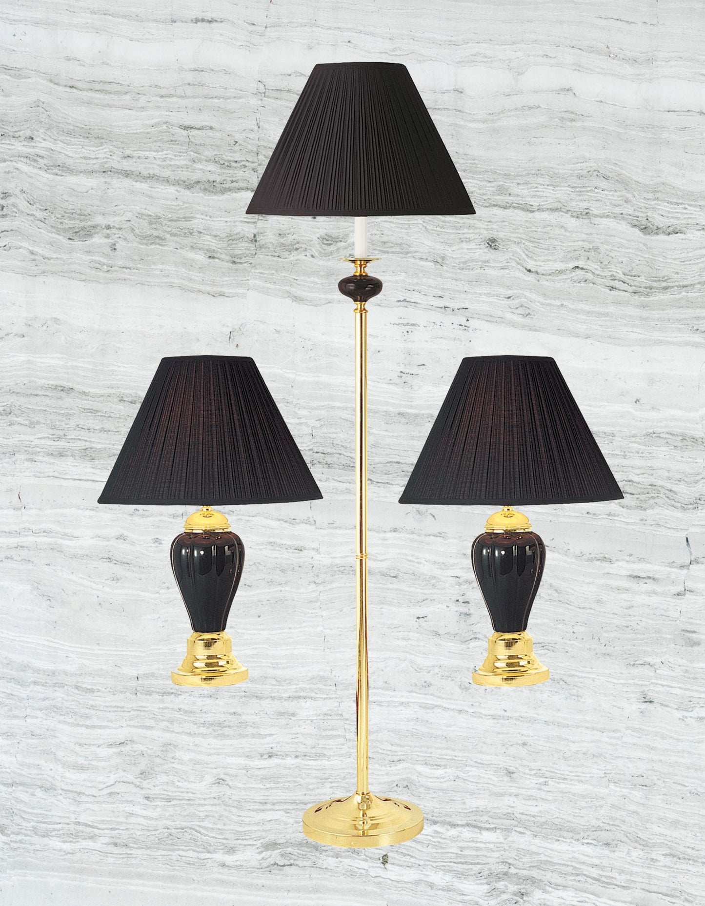 Ore International Ceramic & Brass Table And Floor Lamp Set Of 3 In Black