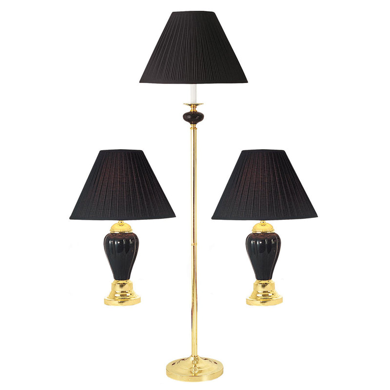 Ore International Ceramic & Brass Table And Floor Lamp Set Of 3 In Black