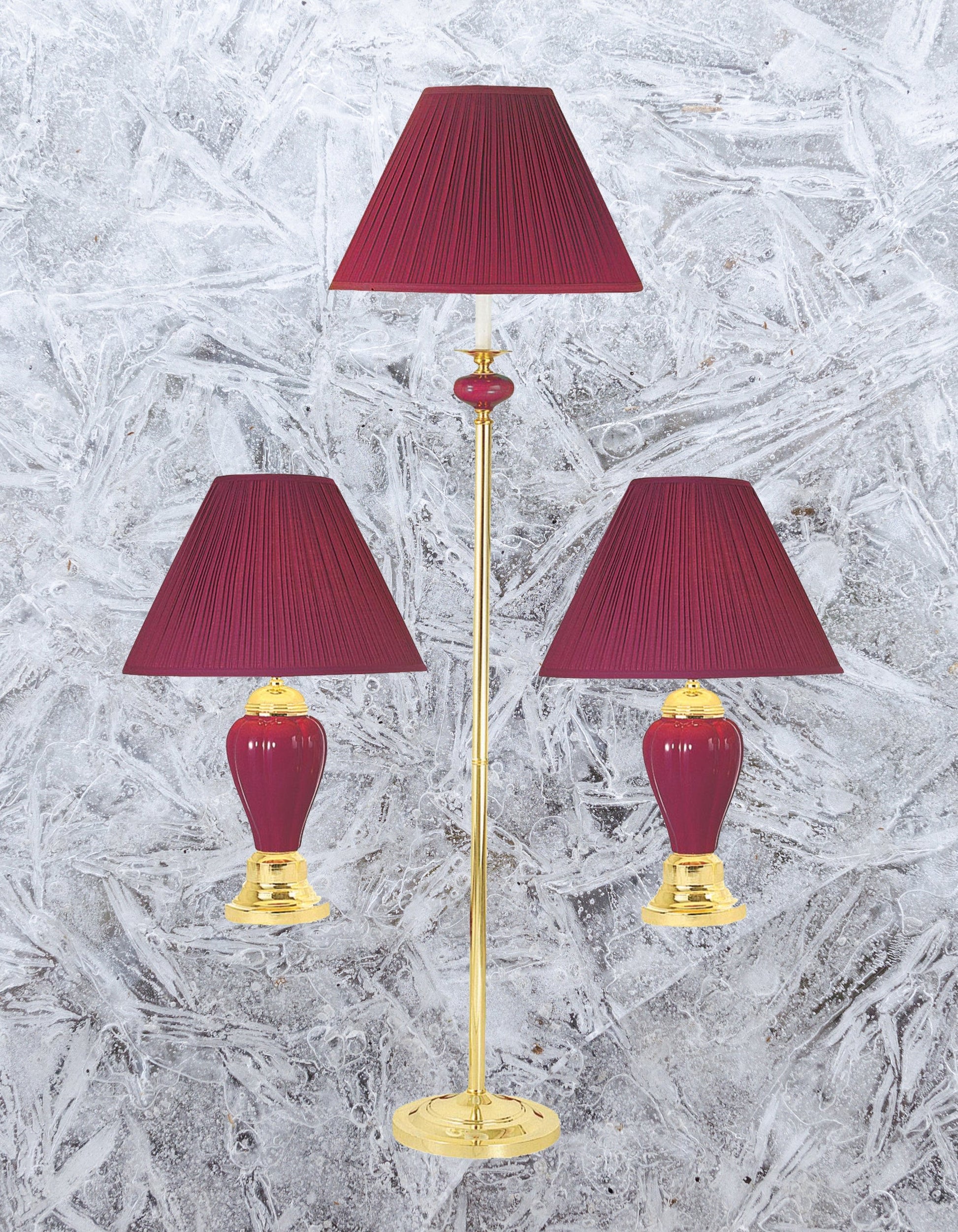 Ore International Ceramic & Brass Table And Floor Lamp Set Of 3 In Burgundy