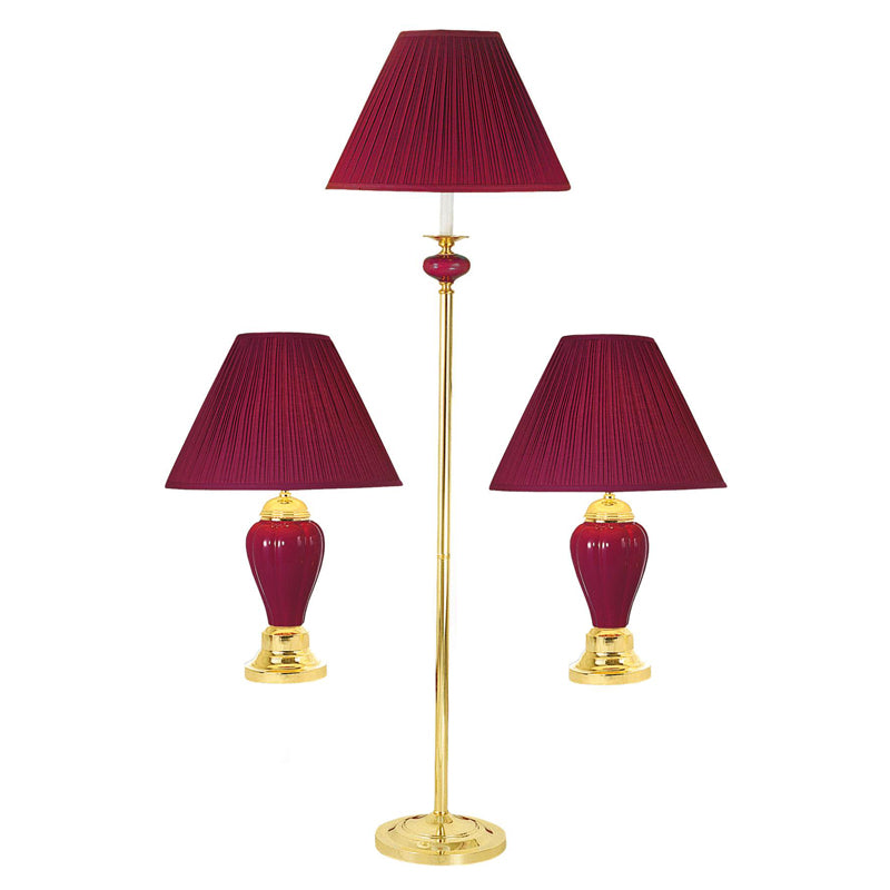 Ore International Ceramic & Brass Table And Floor Lamp Set Of 3 In Burgundy