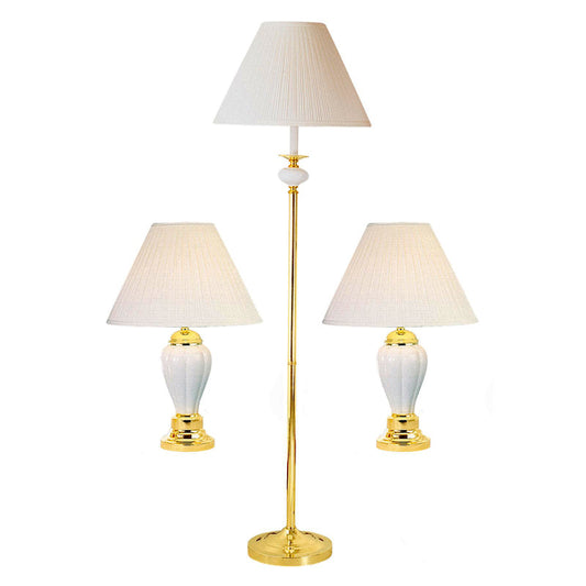 Ore International Ceramic & Brass Table And Floor Lamp Set Of 3 In Ivory