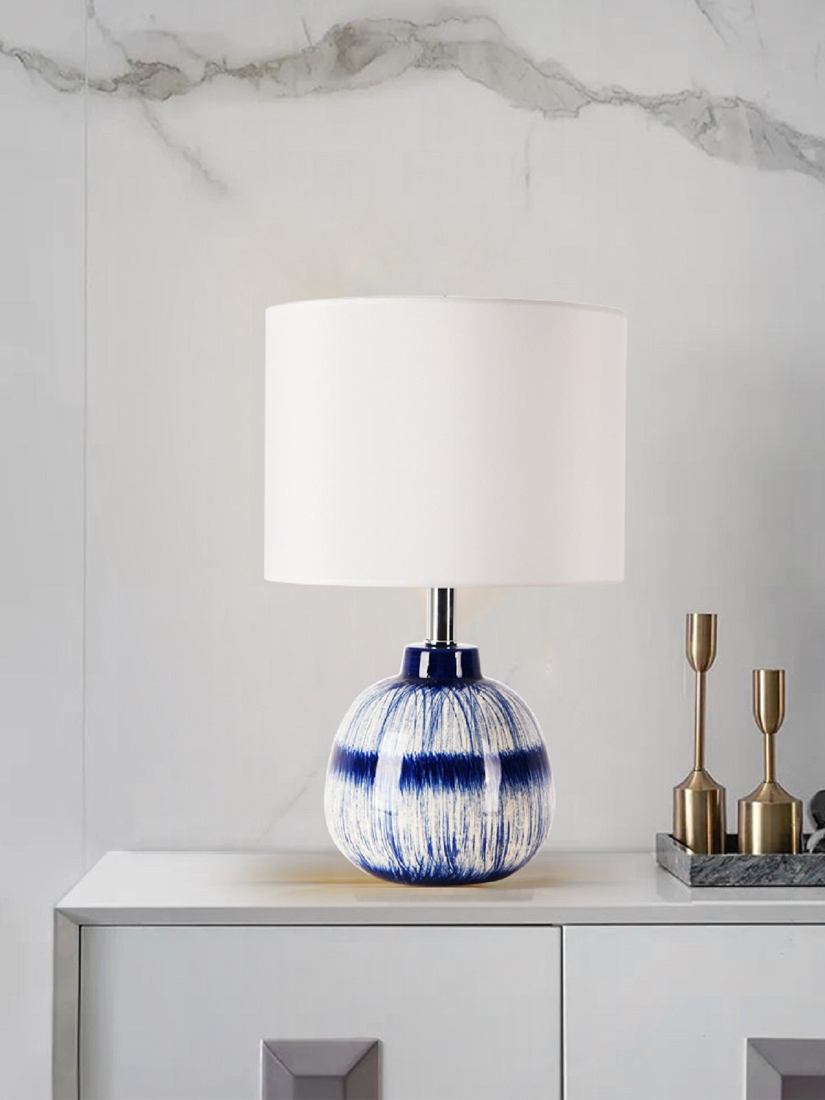 Pasargad Home Joshua 14" White & Blue Ceramic Table Lamp