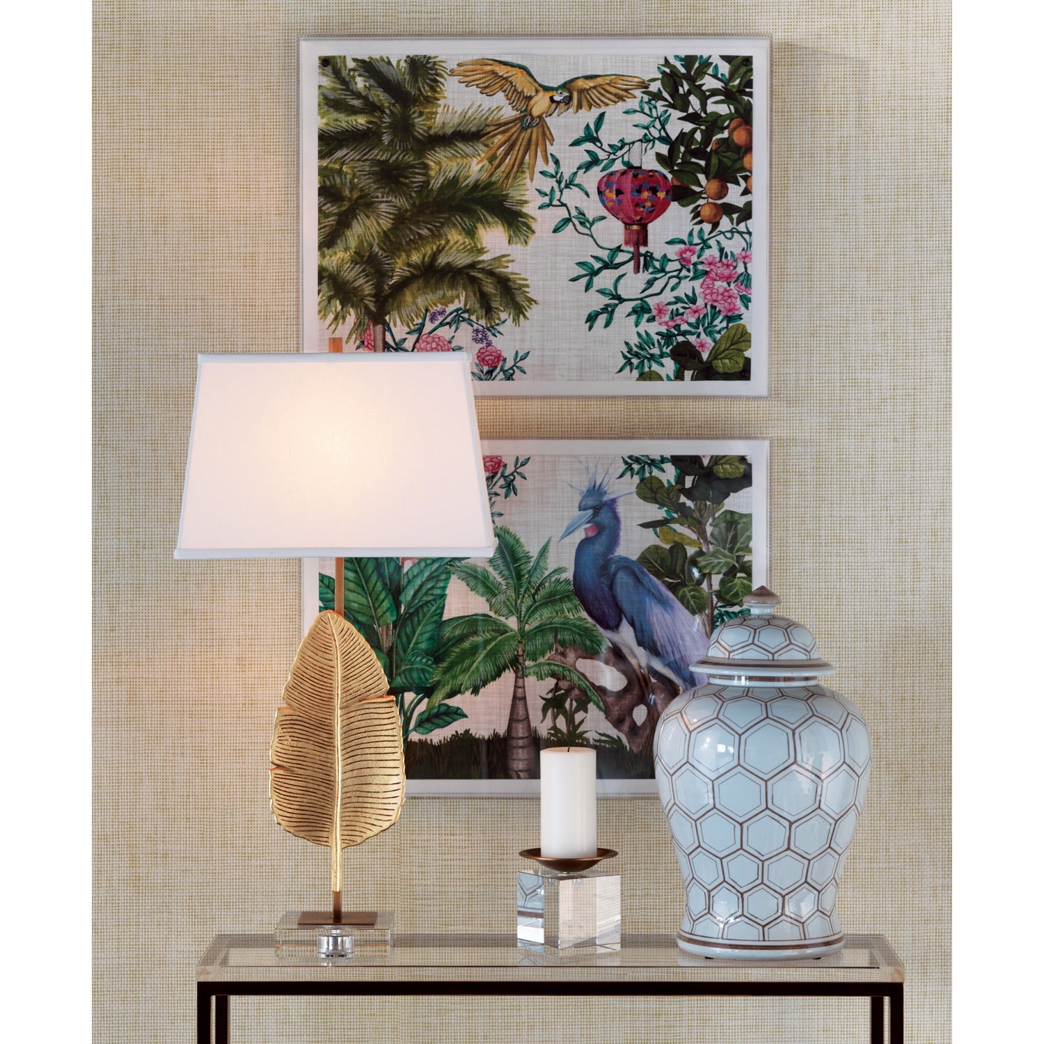 Port 68 Biscayne Gold 32" Modern Tropical Table Lamp with White Rectangle Softback Shade