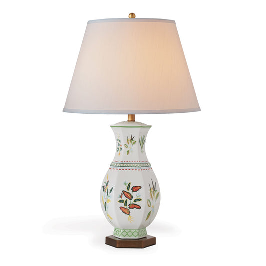 Port 68 Botanical Palm Hexagon Table Lamp with White Round Hardback Shade