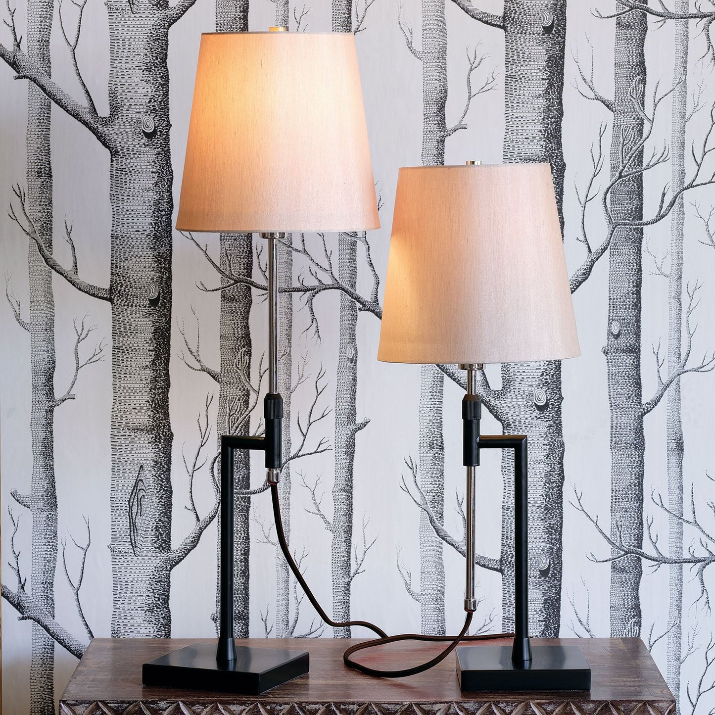 Port 68 Brooklyn Nickel Set of 2 Adjustable Table Lamp with Beige Hardback Drum Shade