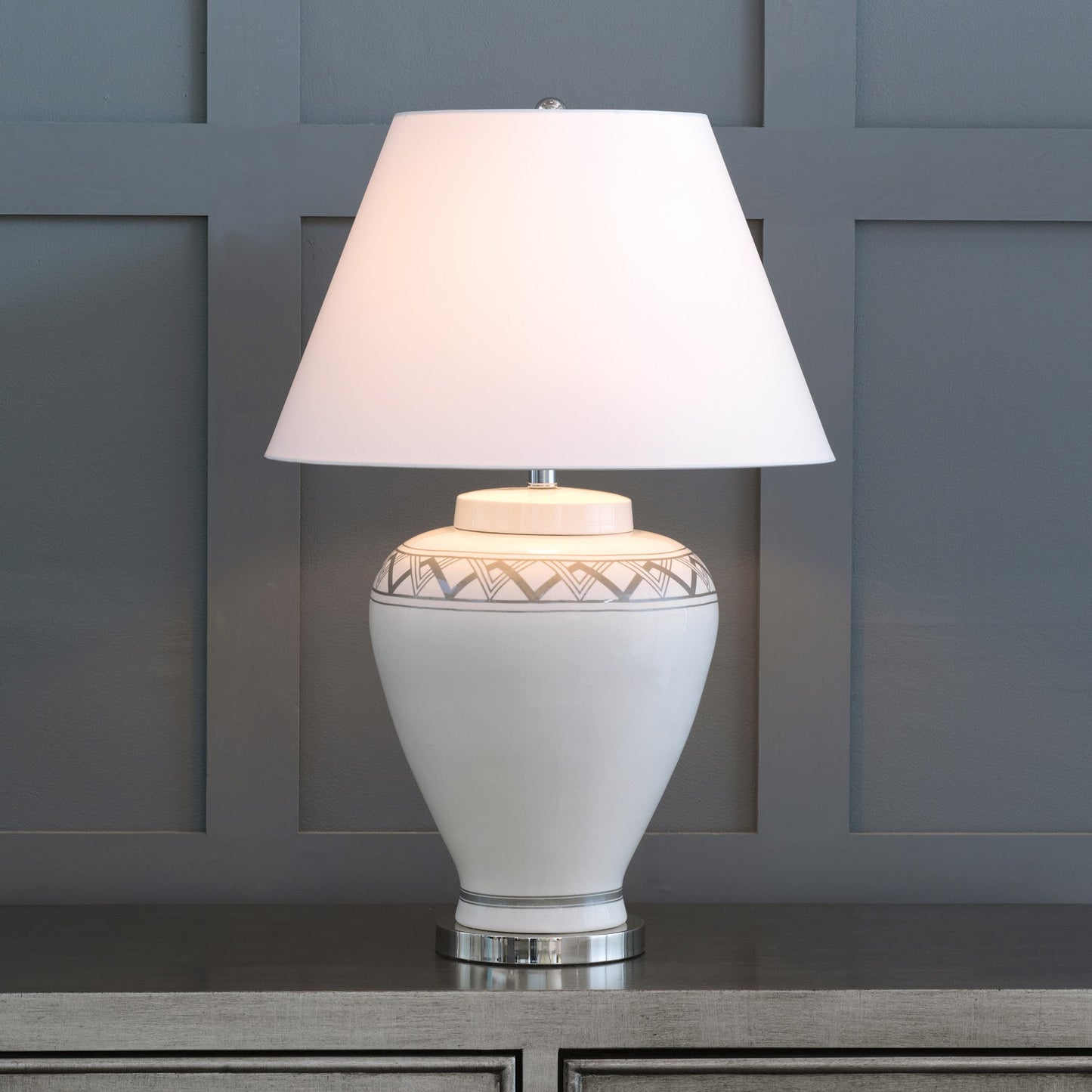 Port 68 Carlyle Cream White Table Lamp with Round Hardback Shade