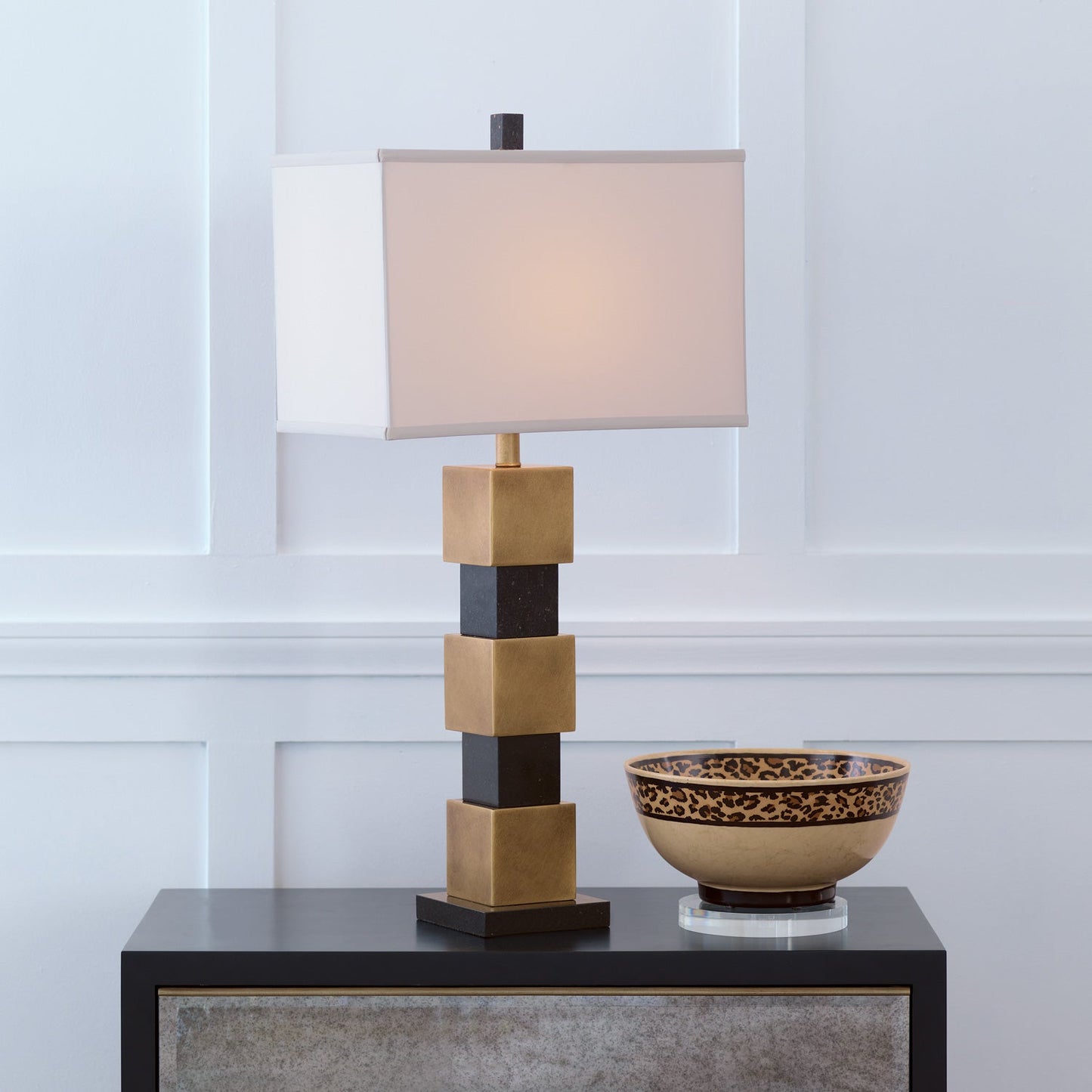 Port 68 Chicago Aged Brass Table Lamp with Beige Rectangle Softback Shade