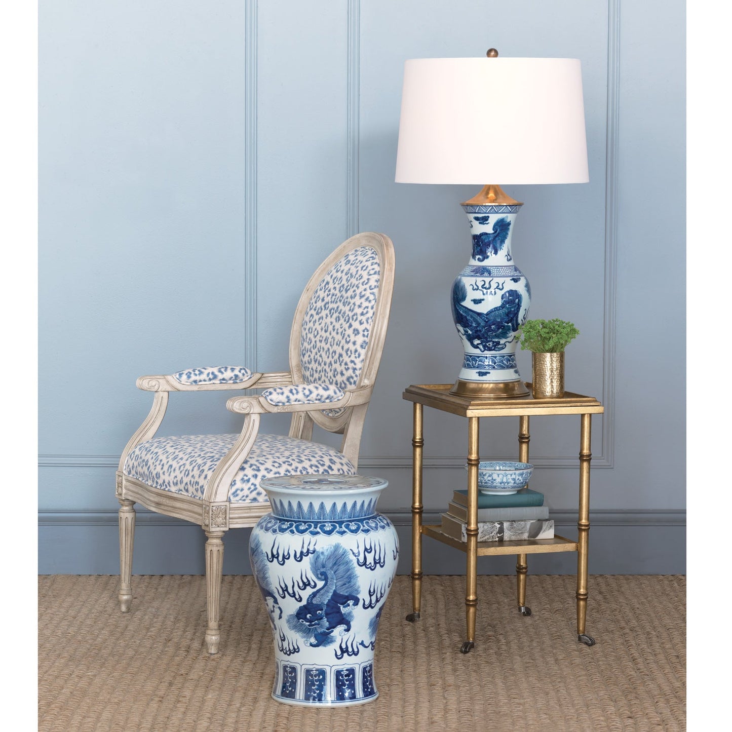 Port 68 Chow Blue Table Lamp with Ivory Round Drum Hardback Shade