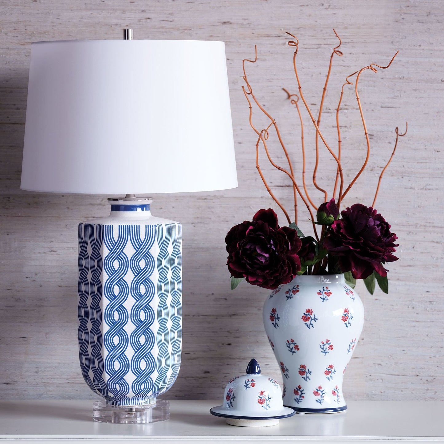 Port 68 Evelyn Blue Table Lamp with White Drum Hardback Shade