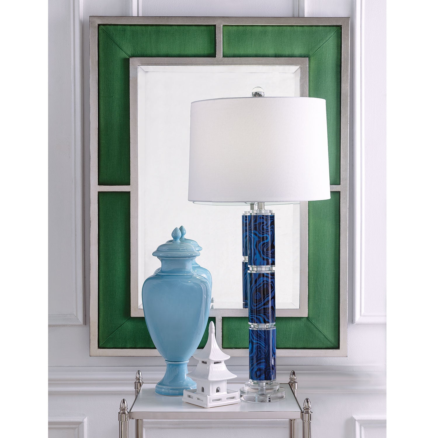 Port 68 Malachite Blue Transitional Table Lamp with White Round Hardback Shade