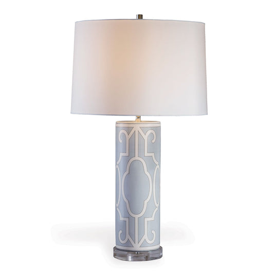 Port 68 Ming Fretwork Table Lamp with White Hardback Round Drum Shade