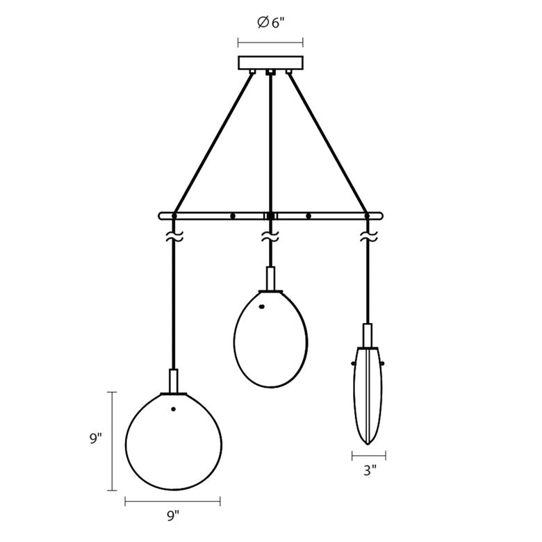 SONNEMAN Cantina 3-Light LED Tri-Spreader Satin Black Smoke Fade Glass Shade Chandelier