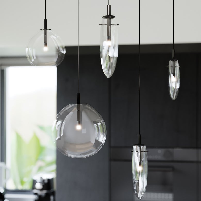 SONNEMAN Cantina 6-Light LED Tri-Spreader Satin Black Clear Glass Shade Chandelier