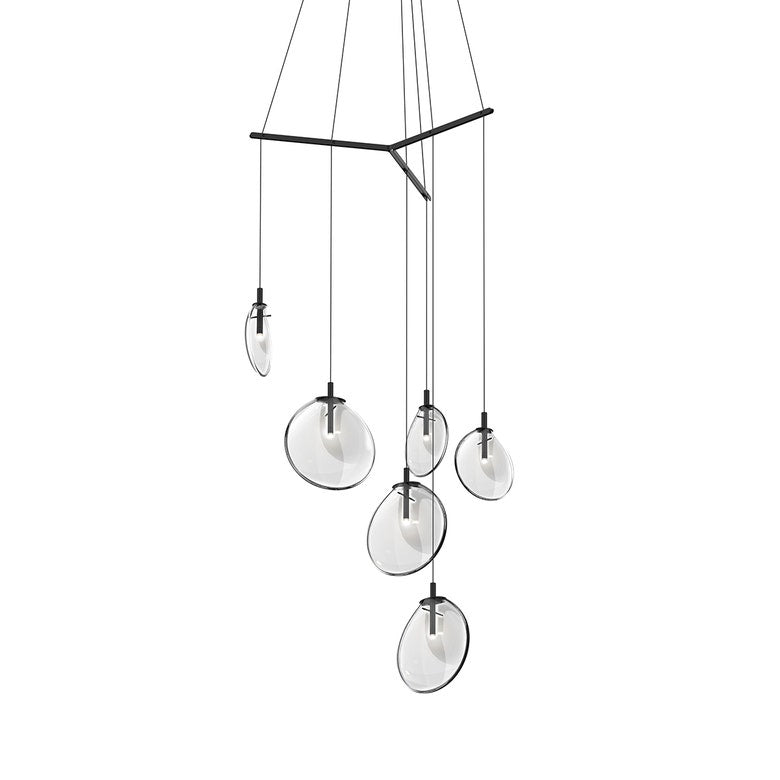 SONNEMAN Cantina 6-Light LED Tri-Spreader Satin Black Clear Glass Shade Chandelier