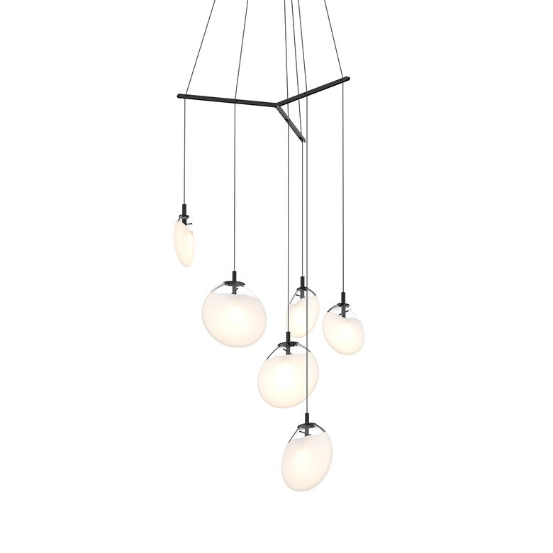SONNEMAN Cantina 6-Light LED Tri-Spreader Satin Black Poured White Glass Shade Chandelier
