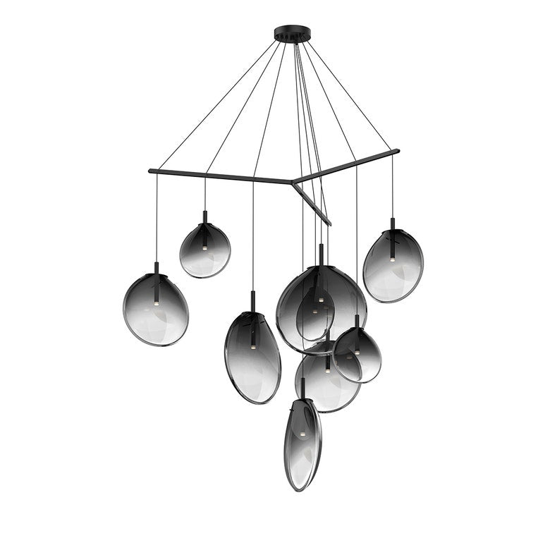 SONNEMAN Cantina 9-Light LED Tri-Spreader Satin Black Smoke Fade Glass Shade Chandelier