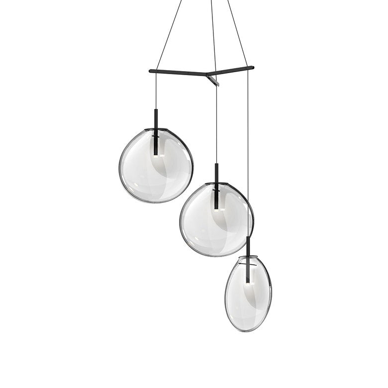 SONNEMAN Cantina Large 3-Light LED Tri-Spreader Satin Black Clear Glass Shade Chandelier