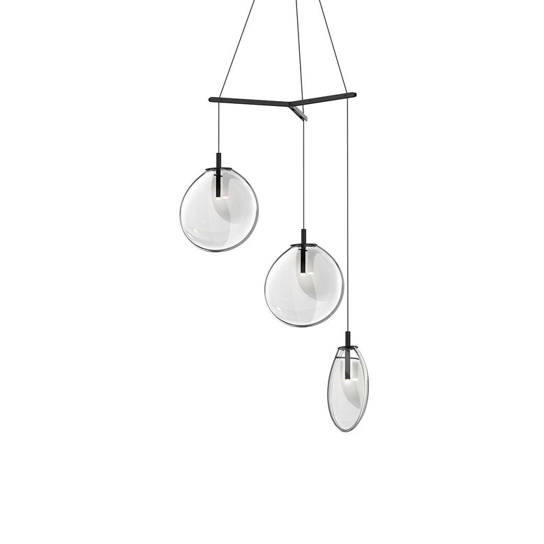 SONNEMAN Cantina Medium 3-Light LED Tri-Spreader Satin Black Clear Glass Shade Chandelier