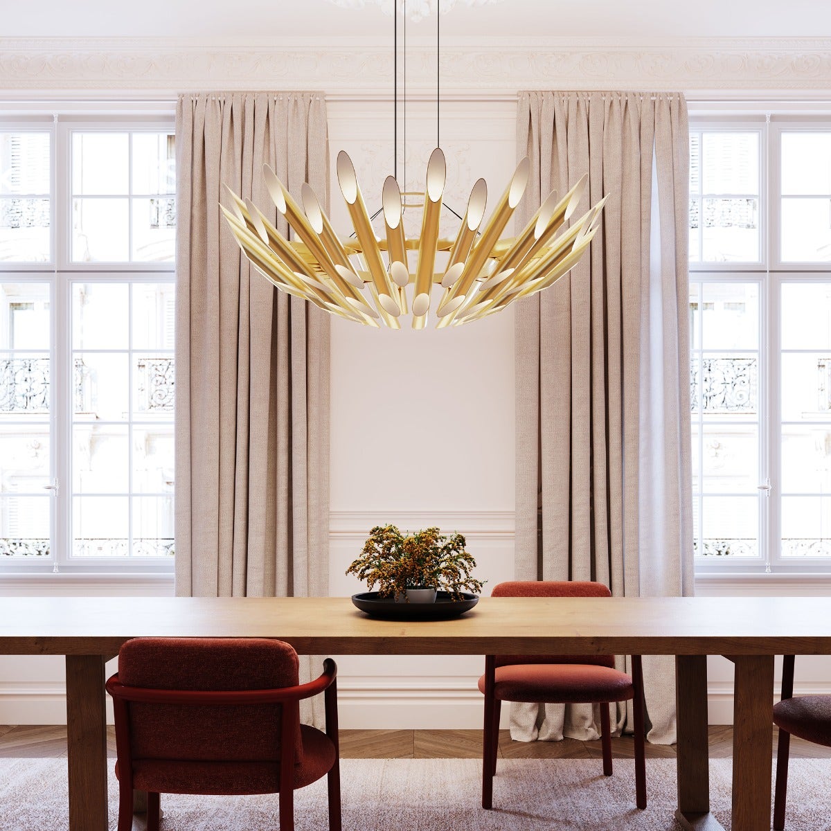 SONNEMAN Chimes Round Double Angled Satin Brass Chandelier