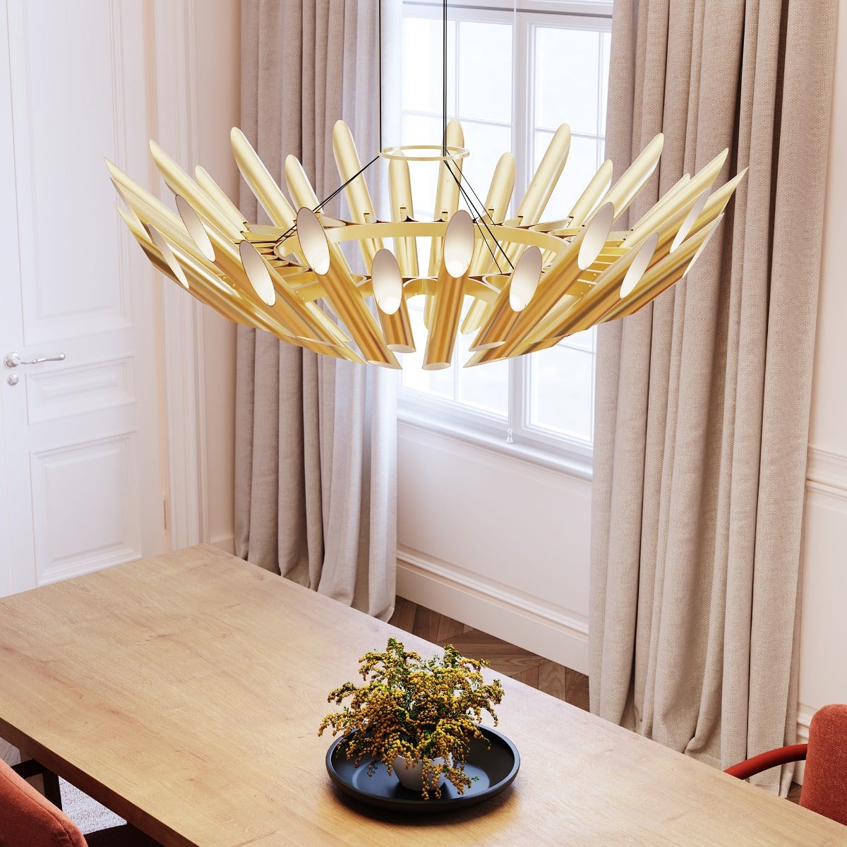 SONNEMAN Chimes Round Double Angled Satin Brass Chandelier