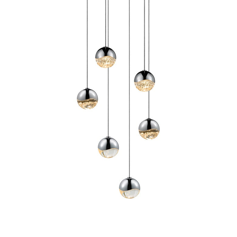 SONNEMAN Grapes 6-Light LED Small Round Canopy Polished Chrome Clear Glass Shade Chandelier