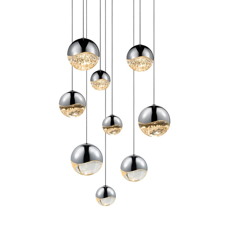 SONNEMAN Grapes 9-Light LED Assorted Round Canopy Polished Chrome Clear Glass Shade Chandelier