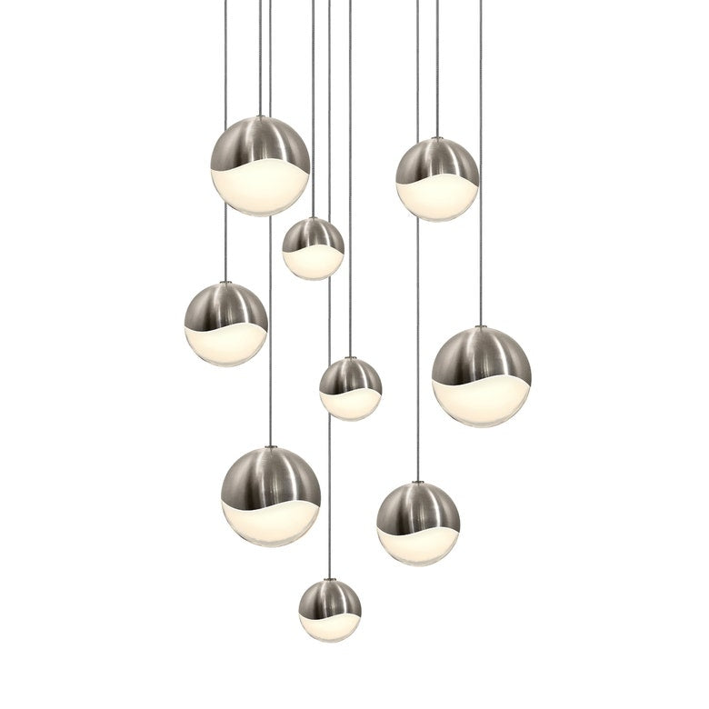 SONNEMAN Grapes 9-Light LED Assorted Round Canopy Satin Nickel Clear Glass Shade Chandelier