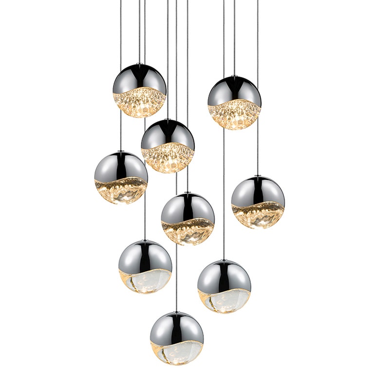 SONNEMAN Grapes 9-Light LED Large Round Canopy Polished Chrome Glass Shade Chandelier