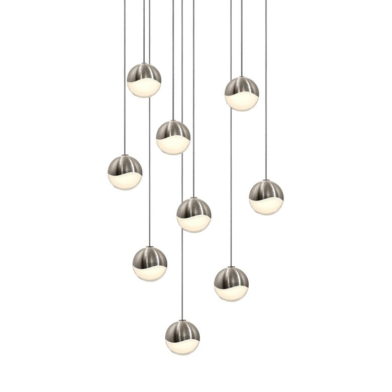 SONNEMAN Grapes 9-Light LED Small Round Canopy Satin Nickel Clear Glass Shade Chandelier