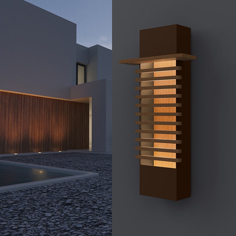 SONNEMAN Kengo 20" 1-Light LED Textured Bronze Aluminum With Teak Shade Wall Sconce