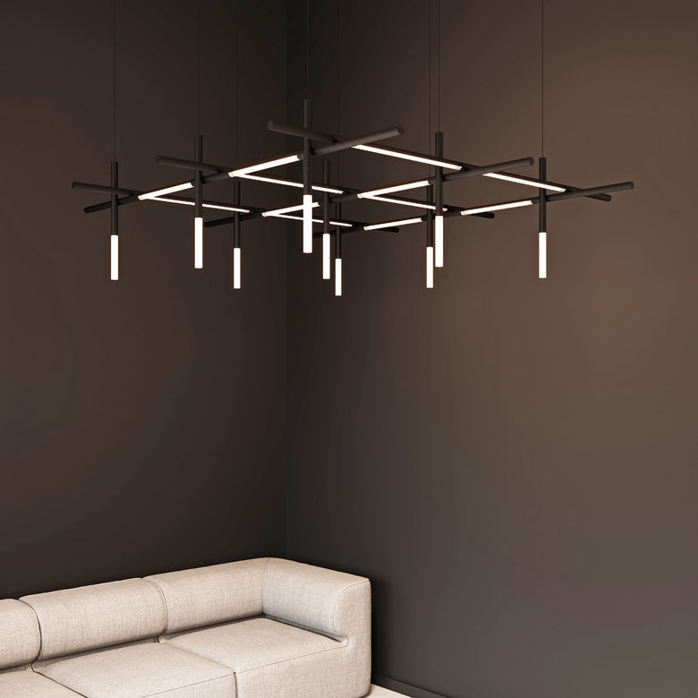 SONNEMAN Labyrinth 74" Square Medium LED Satin Black White Optical Acrylic Chandelier