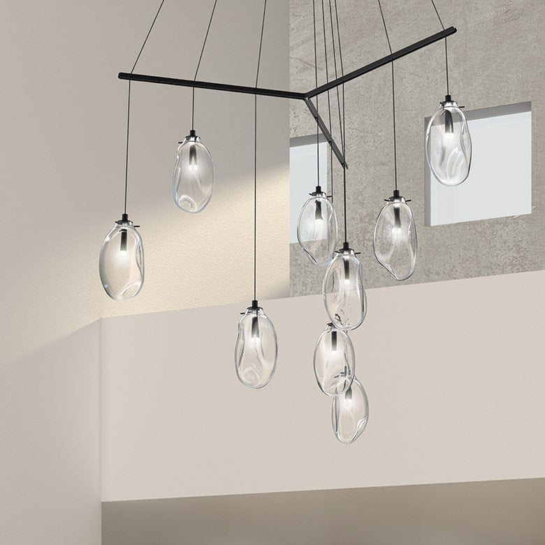 SONNEMAN Liquid 9-Light Standard LED Tri-Spreader Satin Black Clear Glass Shade Pendant Light