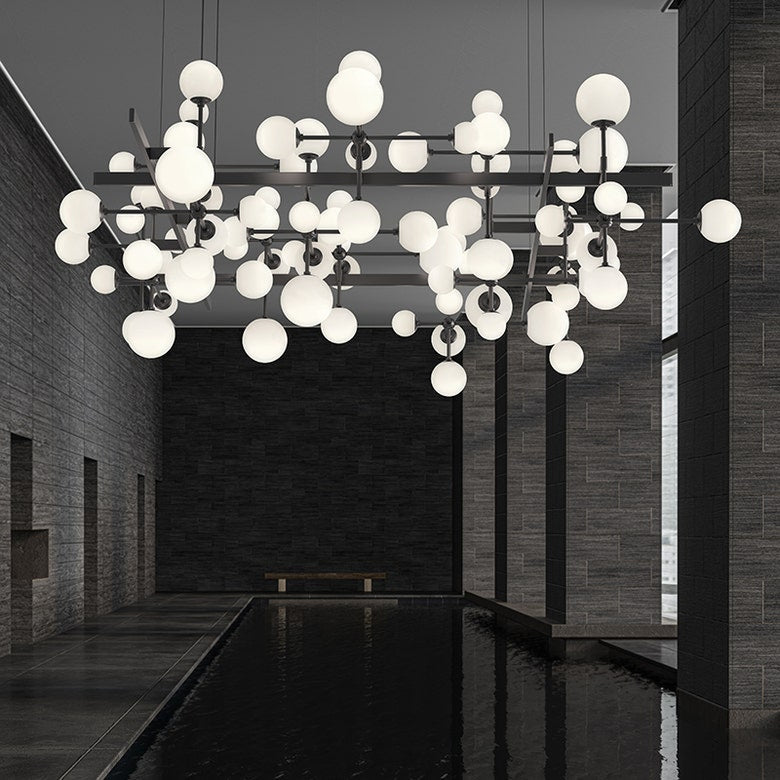 SONNEMAN Nebula Square 31-Light LED Large Satin Black White Cased Glass Shade Chandelier With 6FT Cord Length