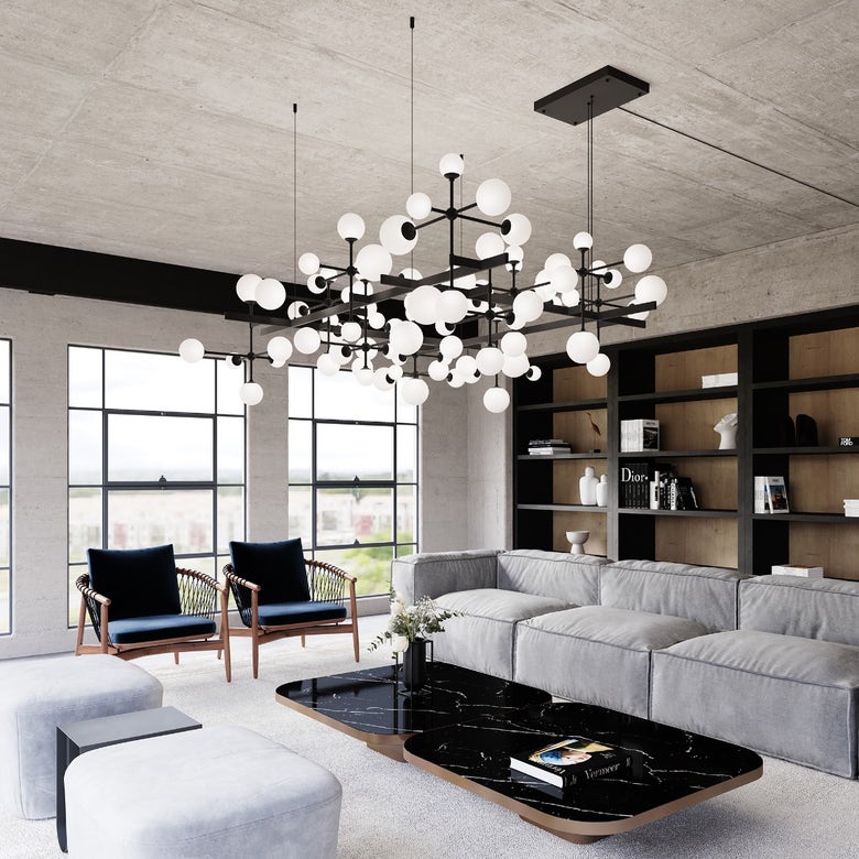 SONNEMAN Nebula Square 31-Light LED Large Satin Black White Cased Glass Shade Chandelier With 6FT Cord Length