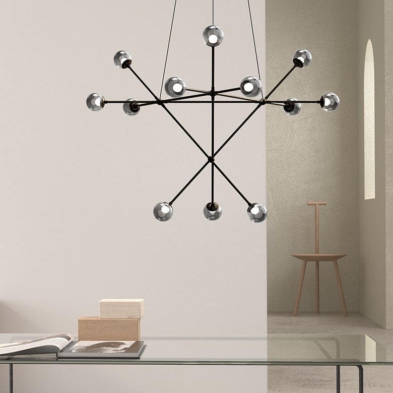 SONNEMAN Proton Alpha 12-Light LED Polished Black Nickel Smoked Glass Shade Chandelier
