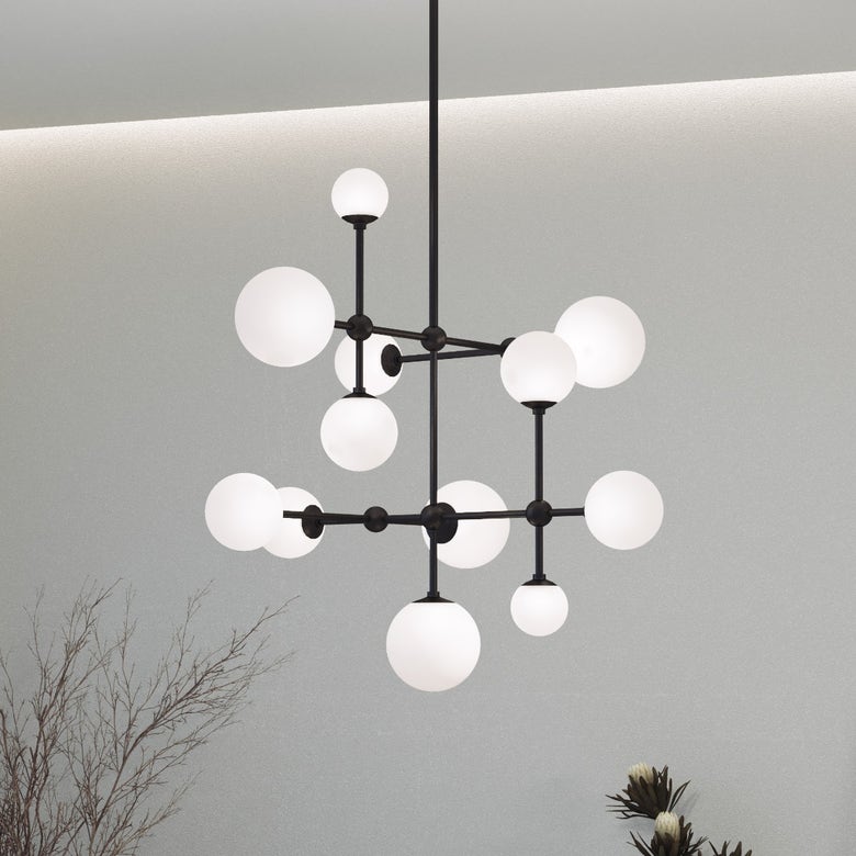 SONNEMAN Sabon 3-Light LED Satin Black White Cased Glass Shade Chandelier