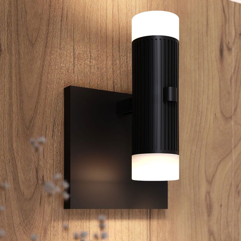 SONNEMAN Suspenders 1-Light Standard Duplex Cylinders With Glass Drum Diffusers Satin Black Clear Etched Glass Shade Wall Sconce