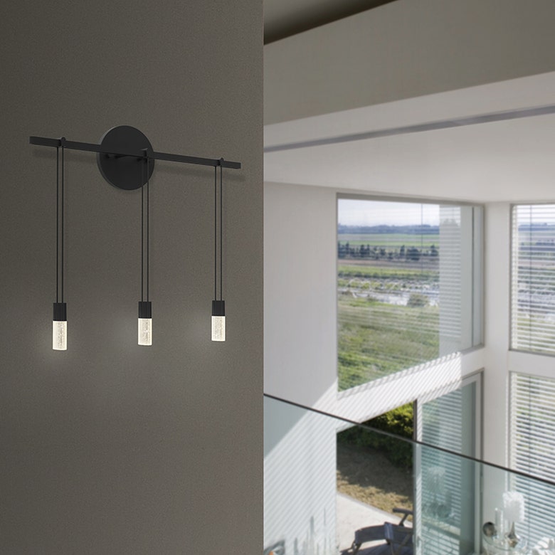 SONNEMAN Suspenders 18" 3-Light Crystal Chiclet Luminaires Satin Black Ribbed Seeded Crystal Shade Wall Bar Sconce