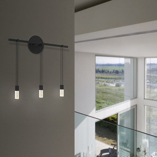 SONNEMAN Suspenders 18" 3-Light Crystal Chiclet Luminaires Satin Black Ribbed Seeded Crystal Shade Wall Bar Sconce