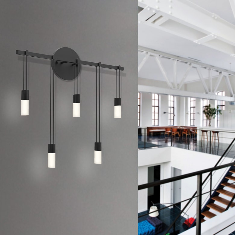 SONNEMAN Suspenders 18" 5-Light Etched Chiclet Luminaires Satin Black Etched Glass Shade Staggered Bar Sconce