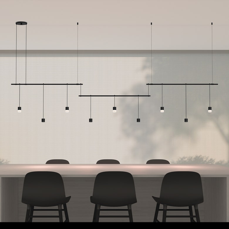 SONNEMAN Suspenders 36" 3-Bar Offset Cylinders With Floor Lenses and Glass Drum Diffusers Satin Black Linear Pendant Light