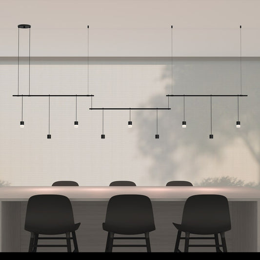 SONNEMAN Suspenders 36" 3-Bar Offset Cylinders With Floor Lenses and Glass Drum Diffusers Satin Black Linear Pendant Light