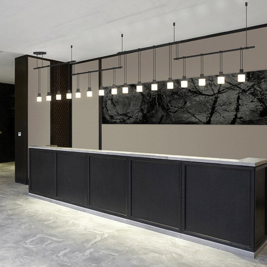 SONNEMAN Suspenders 36" 4-Bar 16-Light Drum Luminaires Satin Black Etched Cased Glass Shade Linear Pendant Light