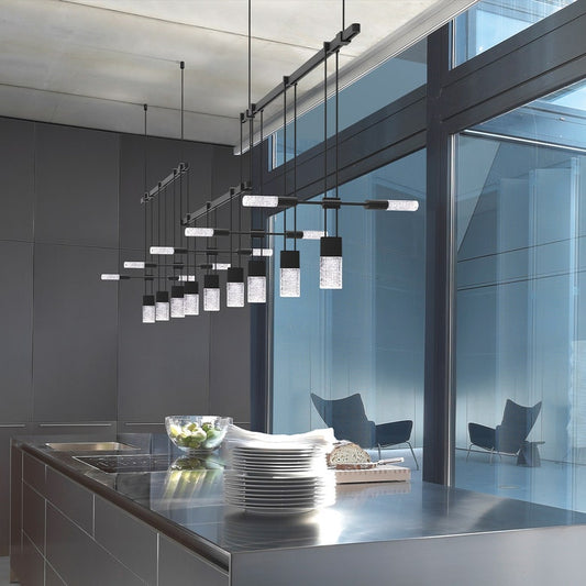SONNEMAN Suspenders 36" 4-Light Crystal Chiclet Luminaire Satin Black Ribbed Seeded Crystal Shade Linear Pendant Light