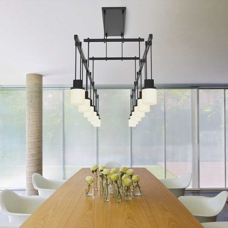 SONNEMAN Suspenders 48" 12-Light 2-Tier Drum Luminaires Satin Black Etched Cased Glass Shade Linear Pendant Light