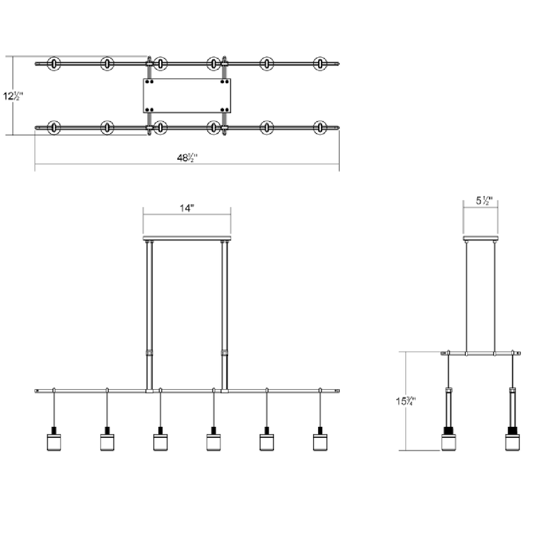 SONNEMAN Suspenders 48" 12-Light 2-Tier Drum Luminaires Satin Black Etched Cased Glass Shade Linear Pendant Light