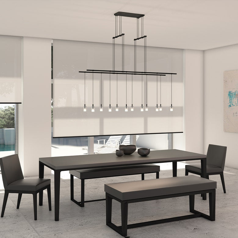 SONNEMAN Suspenders 48" 12-Light 2-Tier Monoine Etched Cylinder Satin Black Clear Glass Shade Linear Pendant Light